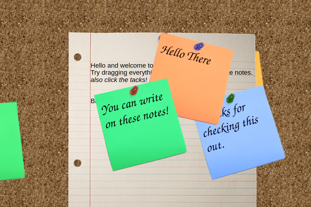 Corkboard website with sticky notes and paper