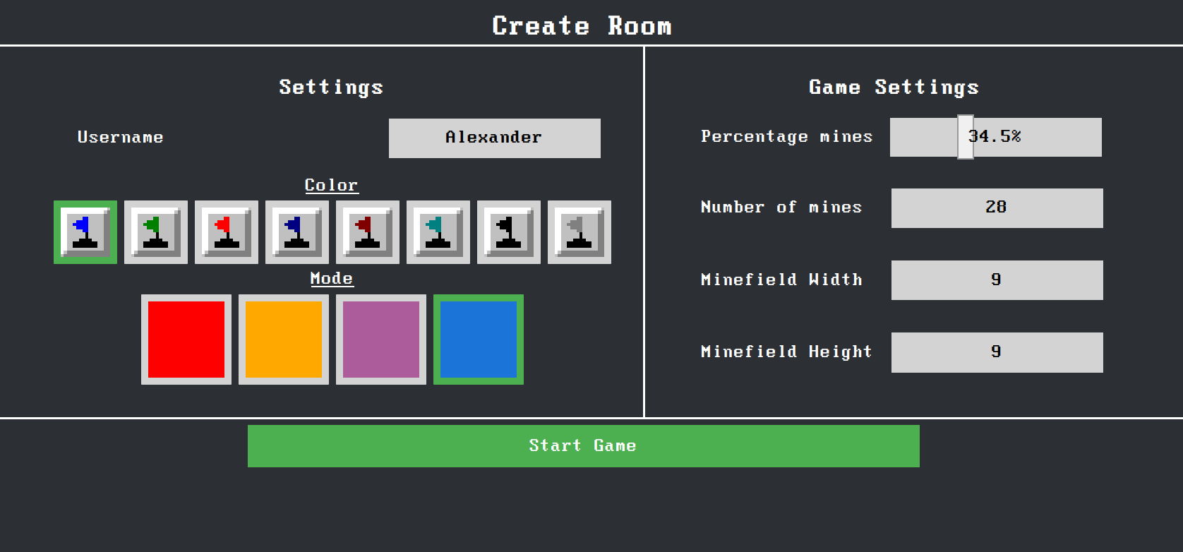 Screenshot of game creation screen